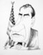 USA: Richard M. Nixon with folded hands, seated before a microphone in front of an American flag - caricature by Edmund Valtman (pseudonym: Vallot)